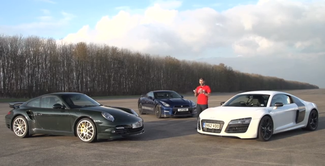 Chris Harris enfrenta un GT-R de 750 CV contra un Audi R8 y un Porsche 911 Turbo S